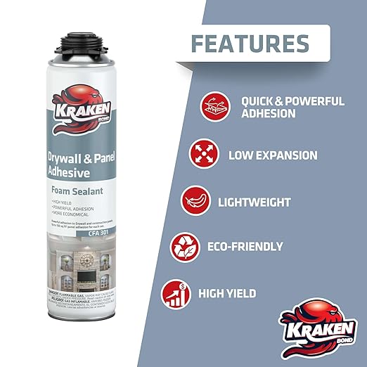 KRAKEN BOND Drywall & Panel Adhesive Foam - (1x24oz) Heavy-Duty, Fast-Curing Construction Adhesive for Concrete, Wood, and Heat Insulation Applications - Gun&Gun Cleaner Set