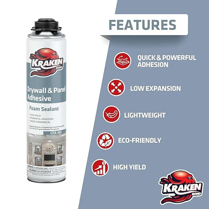 KRAKEN BOND Drywall & Panel Adhesive Foam - (12x24oz) Heavy-Duty, Fast-Curing Construction Adhesive for Concrete, Wood, and Heat Insulation Applications - Gun&Gun Cleaner Set