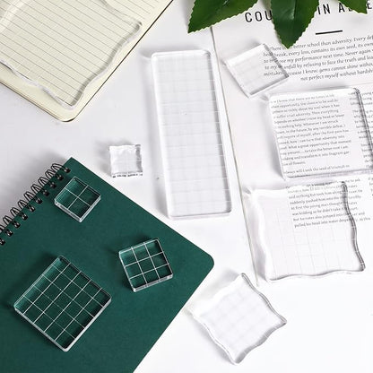 12Pcs Acrylic Stamp Block Clear Stamping Blocks Tools Set Assorted Sizes Stamp Blocks with Grid Lines for Scrapbooking Crafts Card Making