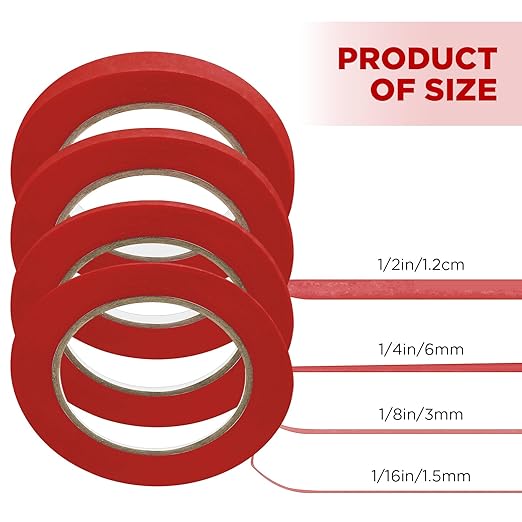 Epakh 4 Rolls Pinstripe Tape, Masking Tape in 1/16, 1/8, 1/4 and 1/2 Inch Wide, for Painters Automotive DIY Car Auto Paint Art (Red,55 yd)
