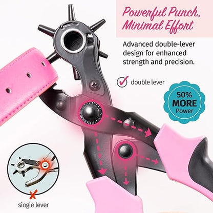 Precision Leather Hole Punch Tool, Best for Belts, Fabric, Leather (Up to 5mm Thick), Multi-Size Puncher for DIY, Craft & Home Projects, Comfortable for Smaller Hands with Reduced Handle Spread, Pink