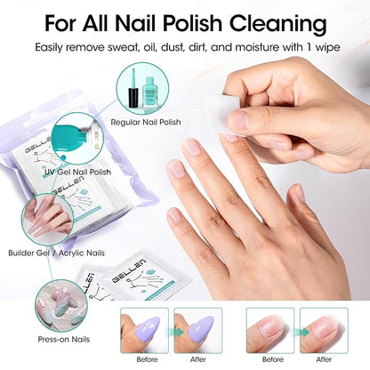 Gellen 100 Pack Gel Polish Remover and Nail Cleanser Pads, Acetone Nail Polish Remover Pads, Alcohol Wipes for Nails, Quick & Easy Removal, Individually Wrapped Travel Set for Perfect Nail Art