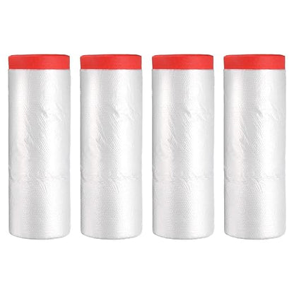 uxcell Pre-Taped Masking Film, 7.9ft x 66ft High-Tack Painters Tape Plastic Drop Cloth with High-Tack Painters Tape for Painting Protection Red 4Pcs