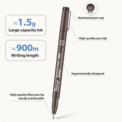 Bianyo Sepia Tone Art Pen Set, 5 Assorted Tips - Warm Pigment Ink Sketch Liner for Vintage Sketching, Nature Illustrations, and Elegant Calligraphy, Water-Resistant and Archival Quality