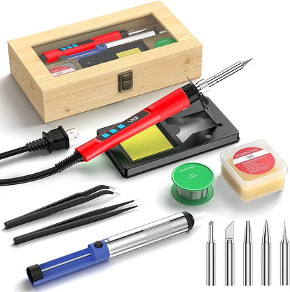 Soldering Iron Kit, 190W Soldering Gun, 110V LED Solder Kit for Electronics, Adjustable Temperature 356-932℉, Includes Solder Wire, Sucker, Tips, Stand, Tweezers, Paste and Solid Wood Box, Red