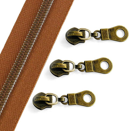 Sawoake 10 Yards Bulk Zipper(#5), Brown Nylon Coil Zipper with Rose Gold Teeth by The Yards, Replacement Sewing Zipper with 10PCS Zipper Sliders for DIY Sewing Craft Bags(#5 AntiqueBrass Brown)