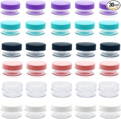 30 Pcs Sample Containers, 10 Gram Mini Sample Jars for Cosmetic, Eye shadow, Multi color Lid