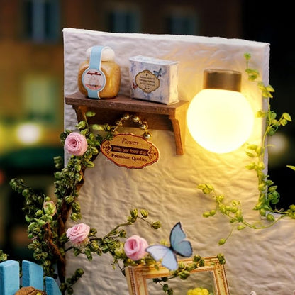 DIY Miniature House Kit, Mini House Building Kit with LED & Dust Cover, DIY Wooden Dollhouse Miniature Kit for Adults Teen, Wooden Crafts Lovely Dollhouse Kit, Corner of Garden