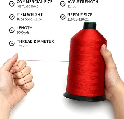 Extra Strong Bonded Nylon Thread #69 Tex70 – 16 OZ, 6000yds, Versatile Stitching Solution for Leather, Upholstery, Canvas Repair and More (Red)