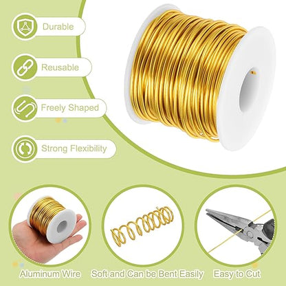 MECCANIXITY 12 Gauge Anodized Aluminum Craft Wire Bendable Bonsai Training Wire 98 Feet 2mm for Sculpting Crafts Wreath Floral Beading Jewelry Making, Gold Tone