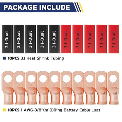 haisstronica 10pcs 1 AWG - 3/8" (M10) Battery Cable Lugs, Heavy Duty Copper Wire Lugs with 10pcs 3:1 Adhesive Heat Shrink Tubing, 1 Gauge Wire Connectors Battery Terminal Connector, Battery Cable Ends