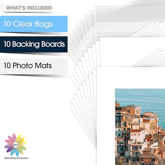 Mat Board Center, Pack of 10, 16x20 for 11x14 White Picture Mat Sets - Acid Free, 4-ply Thickness, Bevel Pre-Cut White Core - Includes Backing Boards and Clear Bags - for Pictures, Photos, Framing