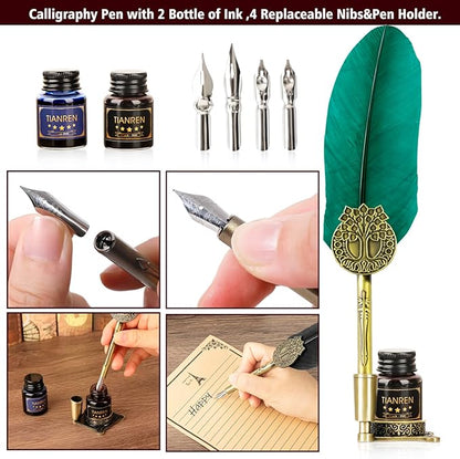 Quill pen ink set,Feather Pen and Ink Set,Antique Calligraphy Pen with 4 Replaceable Nibs,2 Bottle of ink,Feather Dip Pen Holder Christmas Gift for Men&Women.(Green)