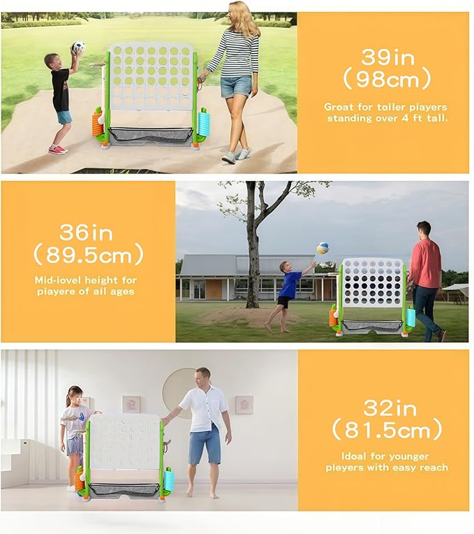 UNICOO Giant 4 in A Row Game with Carry Bag, Basketball Hoop, Ring Toss Game, 4-to-Score Game | Large Outdoor Yard Game, Parties & Gatherings Games