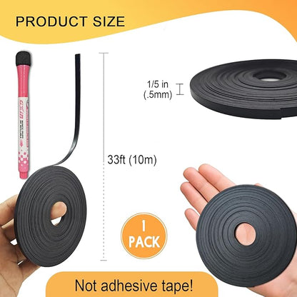 Magnetic Tape Roll Thin Strip, 1/5 Inch x 33 Feet Magnet Tape Line for Classroom Office, Magnetic Boarders for Witeboard (Black)