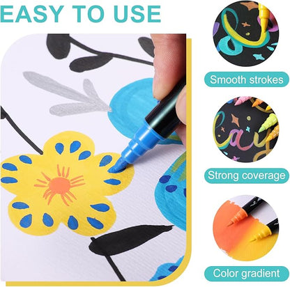 12 Colors Acrylic Paint Markers, Waterproof Dual Tip Acrylic Paint Pens with Brush and Fine Tip, Markers Set for Paper, Rock, Wood, Canvas, Glass, Ceramic and DIY Crafts Making Art Supplies
