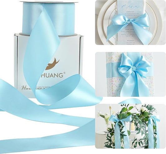 HUIHUANG Baby Blue Ribbon 2 inch Wide Double Faced Satin Ribbon Light Blue Ribbon for Gift Wrapping, Bows Making, Flower Bouquet, DIY Crafts, Baby Shower, Holiday Party Decor-25 Yards/Roll