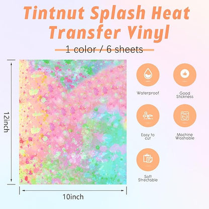 Tintnut Spring Color Splash Heat Transfer Vinyl - 6 Sheets 10"x12"Watercolor HTV Patterned HTV Iron On Vinyl for T-Shirts Hats Clothes,for Cricut & Silhouette Cameo