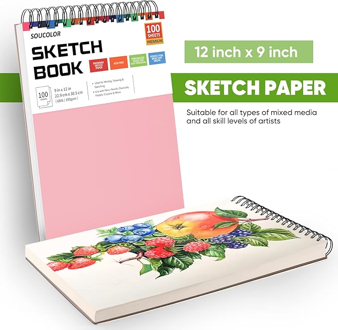 Soucolor Cute Sketchbook 9" x 12" for Women, 1-Pack 100 Sheets Spiral Notebook Drawing Pad for Girls, Pastel Girls' School Art Supplies for Beginner Artists, Arts and Crafts Gifts Set for Kids Adults