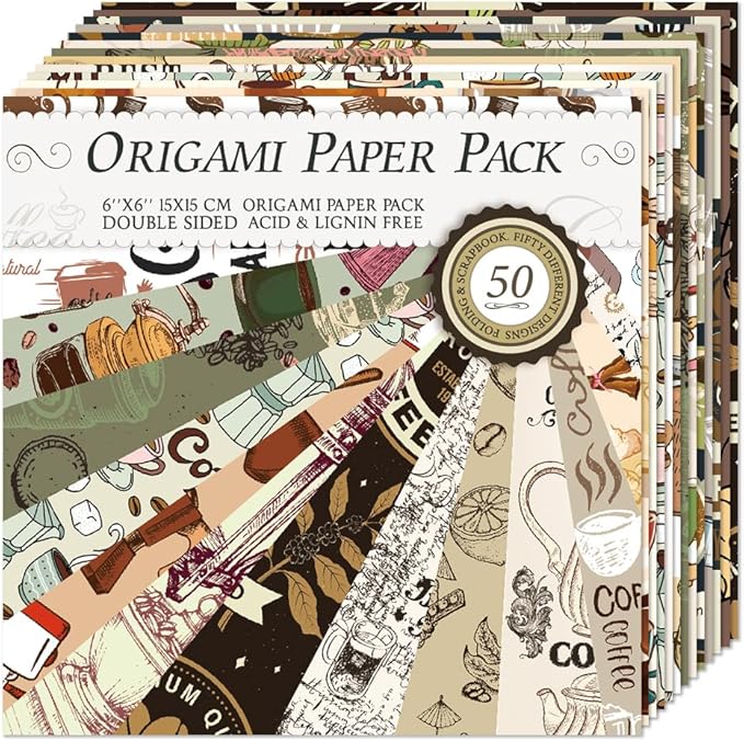 Square Origami Paper 6x6 Double Sided 50 Sheets 50 Colors 70GSM Origami Kit Japanese Chiyo Easy Fold Arts Crafts DIY Handwork Beginner Coffee