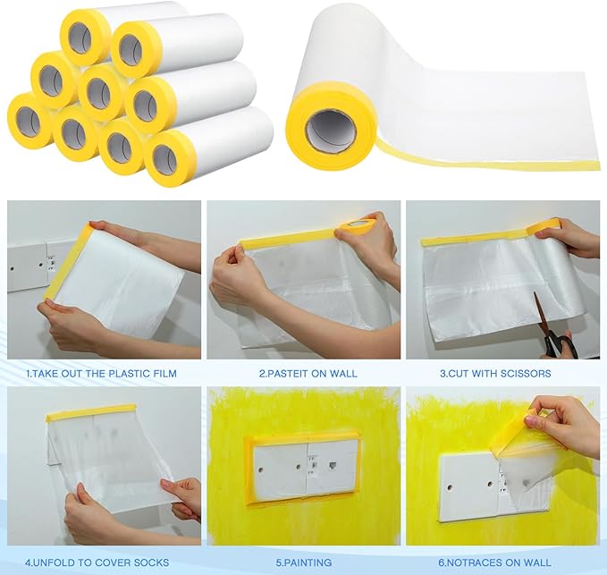 Seajan 9 Roll Painters Plastic with Tape Pre Taped Masking Film for Painting Automotive Paint Adhesive Protective Film Masking Tape Roll Plastic Painting Covering (White,5 x 65 Ft)