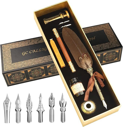 GC QUILL Calligraphy Set - 18pcs With Dual Tip Fountain Pen, Feather Dip Pen, Stamp, Wax Candle, Pen Base, Ink Bottle, Cartridges