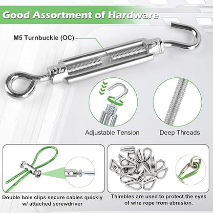 Turnbuckles for Cables Wire, 1/8" X 100Ft Green PVC Coated Wire Rope Kit, Multi-use Steel Cable for Grape Vines/Clothes Line Outdoors for T Post/String Light Hanging/Garden Cable