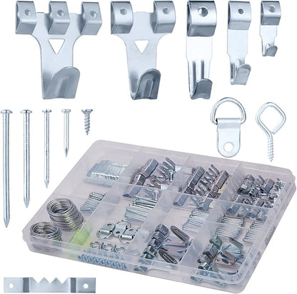 303-Piece Picture Hanging Assortment, Heavy Duty Hooks, Nails, Sawtooth, D-Rings, Wire, Level, and Metal Wall Hooks for Picture Framing and Canvas Mounting (Silver)