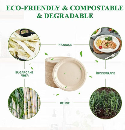 Vplus 500 Pack Paper Plates 9 inch 100% Compostable, Heavy-Duty Disposable Paper Plates Bagasse Natural Biodegradable Eco-Friendly Sugarcane（Nature）
