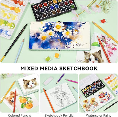 Lightwish Square Watercolor Journal,100% Cotton,300gsm/140lb,Acid-Free,24 Sheets Cold Press Watecolor Paper Sketchbook for Artists Adults Students,4.7 * 4.7 Inches