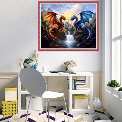 Disnesart Cross Stitch Stamped Full Embroidery Kits DIY 11CT Cotton Thread Printed DIY Needlepoint Kits Craft Needlework Set Cross-Stitch Stamped Sets-Water Fire Dragon Landscape 16x20 inch