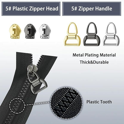 VICHERIA Zipper Repair Kit (45 Pcs), Universal Zippers for Sewing, Replacement Slider Pull Fix Kit for Jackets, Coat, Boot, Backpack, Purse (5#-B-9Pcs)