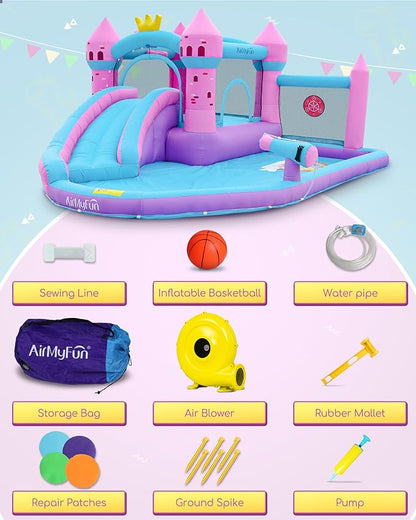 AirMyFun Pink Inflatable Waterslide, Water Bounce House for Big Kids 3-12 in The Backyard- Water Bouncy House for Wet and Dry, Splash Pool - Sturdy Outdoor Bouncer/Castle - Includes Blower& Repair Kit
