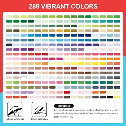 288 Colors Acrylic Paint Markers Soft Brush Tip, Water-Based Paint Pens with Automatic Ink Control System, Odorless, Waterproof, Quick-Dry, Lightfast, for Rock Painting, Canvas, Wood, Egg & DIY Crafts