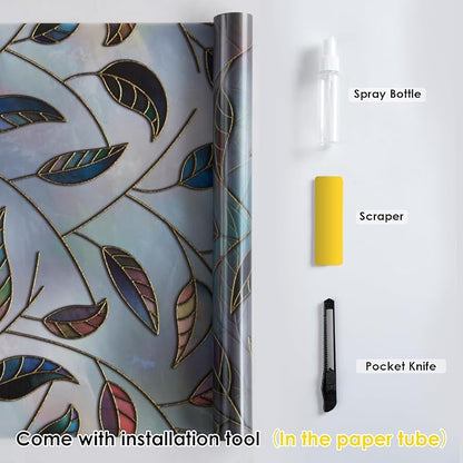 DKTIE Static Cling Decorative Window Film Vinyl Non Adhesive Privacy Film with Installation Kit, Multilayer UV Inkjet Technology, 3D Thickened Stained Film, Vintage Leaf Pattern, 17.7 x 78.7 Inches