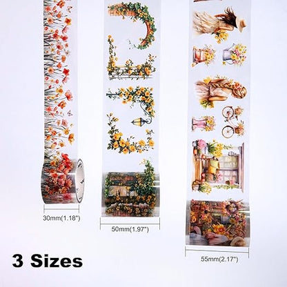 Floral Sea PET Tape Set, 3 Rolls Pre-Cut Botanical Stickers for Scrapbooking, Journaling, DIY Crafts, and Collage Art (30 mm/50 mm/55 mm)