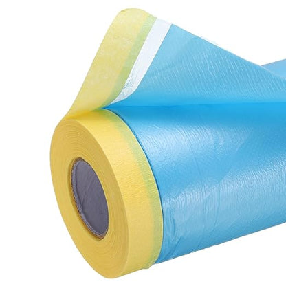 uxcell Pre-Taped Masking Film, 1.8ft x 82ft Plastic Paint Drop Cloth with Medium-Tack Painters Tape for Painting Spraying Protection Blue Film 3Pcs