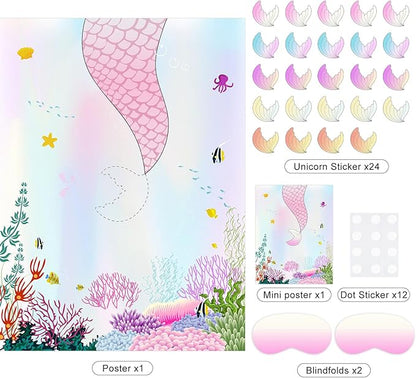 ASTARON Pin The Tail on The Mermaid Game for Birthday Party, Mermaid Party Game with 24 pcs Tail Stickers Birthday Party Supplies for Wall Home Room Decorations