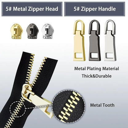 VICHERIA Zipper Repair Kit (45 Pcs), Universal Size #5 Zippers for Sewing, Replacement Slider Pull Fix Kit for Jackets, Coat, Boot, Backpack, Purse