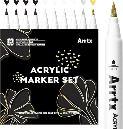 Arrtx Acrylic Paint Pens, 10 Pack Extra Brush Tip White Paint Markers Metallic for Rock Fabric Wood Glass Canvas Ceramic, 4 White 4 Black 1 Gold & 1 Silver, Water Based Ink, DIY Crafts