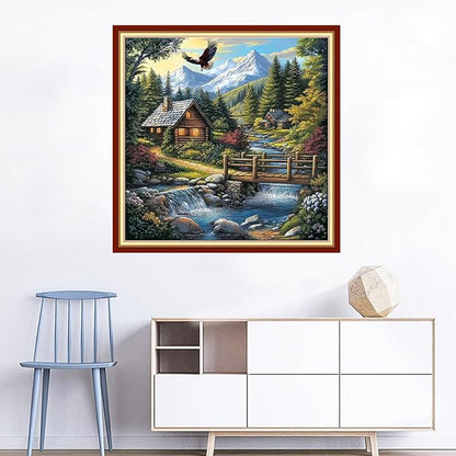 Joyhoor Cross Stitch Kits for Beginners Stamped Cross-Stitch Supplies Needlework preprint Embroidery Kits for Adults DIY Needlepoint Kits Embroidery Patterns 11CT-Creek Cottage 18x18 inchs