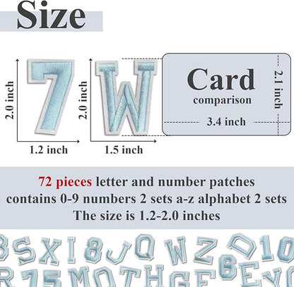 Letter and Number Iron On Patches, A-Z Alphabet and Numbers 0-9 Embroidery Applique Patch, DIY Decorative Heat Press Patches for Clothing Jeans Jackets Backpacks Hats (Light Blue 72 Pcs)
