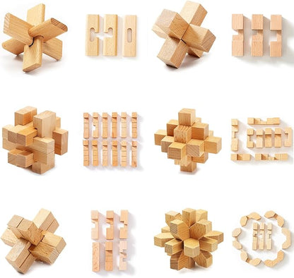 VolksRose 9pcs Wooden Brain Teaser Puzzles, IQ Challenge Puzzle Games, Logic Mind Puzzle Box Lock Toy Disentanglement 3D Small Brain Puzzle Gift Set for Adults Teenagers Kids, 1.8inch 4.5cm