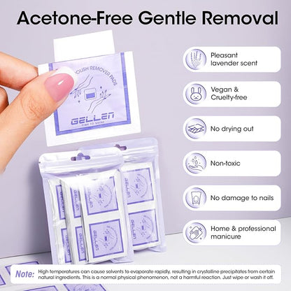 Gellen Nail Polish Remover Pads 100% Non Acetone, 100 Pack of Individually Wrapped Bulk Set Gel Nail Polish Remover Wipes, Skin-Care Formula, Travel Kit for Home & Professional Removal