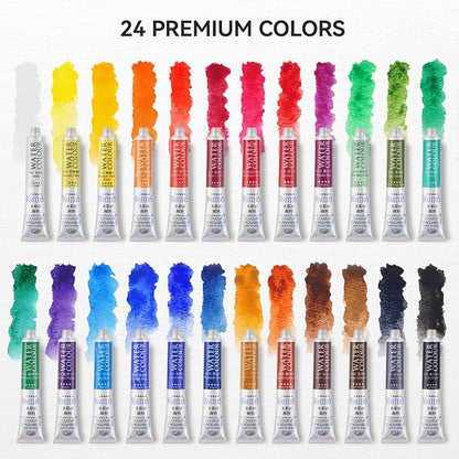 LIGHTWISH Professional Watercolor Paint Tube Set Artist Grade, 9 ML 24 Vivid Colors Art Supplies, Premium Non Toxic Water Colors Paint for Adults, Artists & Hobby