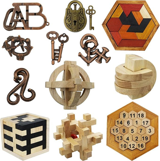 Arlai 12 pcs Wooden Brain Teaser Puzzle and Metal 3D Unlock Interlocking Jigsaw Educational Toy for Kids and Adults Brain Games Durable Easy to Assemble Birthday Gifts Educational Toys