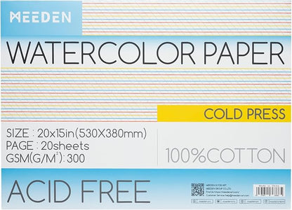 MEEDEN Watercolor Paper Block - 100% Cotton Watercolor Paper Pad of 20 Sheets, 140lb/300gsm, Acid-Free Art Paper for Watercolor, Gouache, Ink and More, 21" x 15" Cold Press