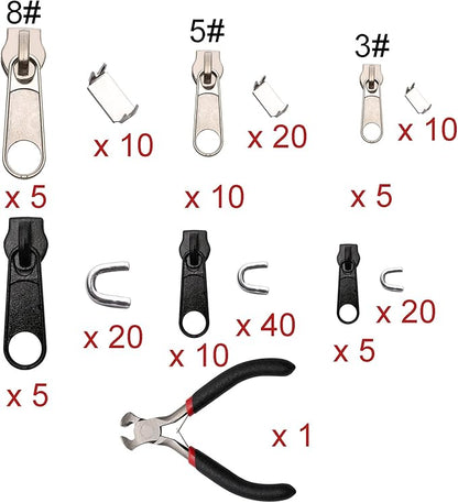 Zipper Replacement Pull Tabs Zip Fixer Zipper Repair Kit with Zipper Install Pliers Tool,161 Pieces