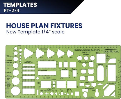 Pacific Arc, House Plan Fixtures Template, 1/4 in, Drawing aid Stencil for Professional or School Work, Size 4.5 x 9.625 in.