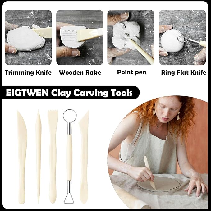 EIGTWEN 100ml Air Dry Clay Glaze and 29pcs Clay tools kit, Gloss Clay Varnish Protects Clay from Surface Wear, Pottery Tools Can be Used for Stippling, Carving, Molding, and Shaping Clay Crafts(Gloss)